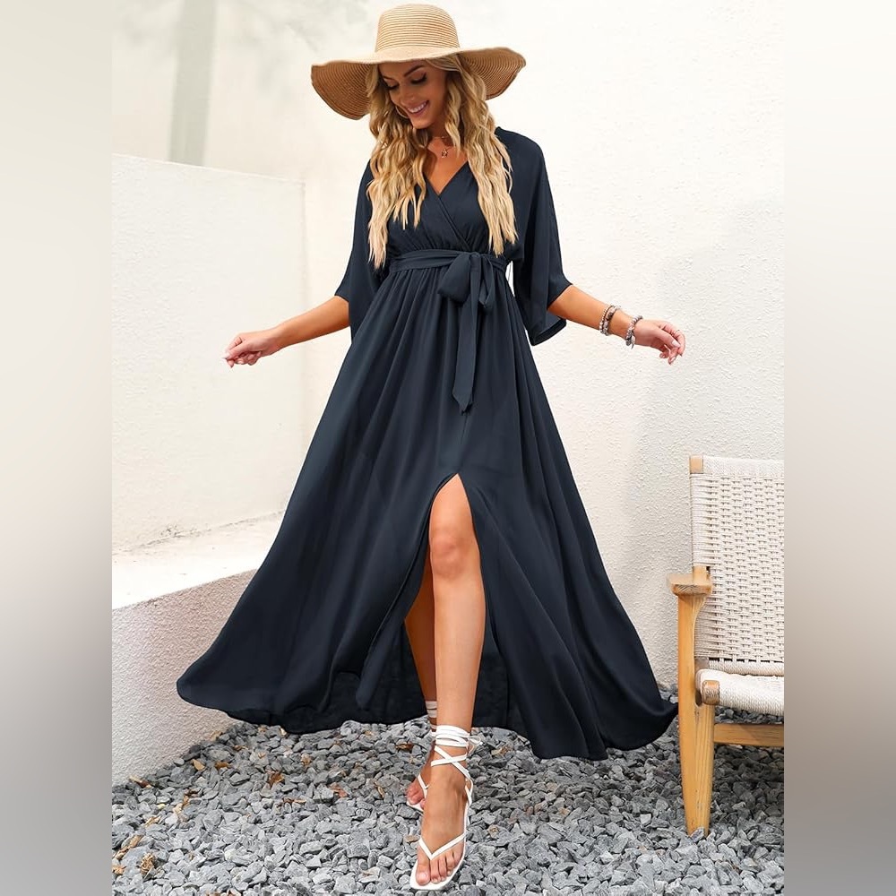 Womens 1/2 Sleeve Beach‎ Wedding Guest Maxi Dress | Wrap V Neck Boho Slit Dress - Picture 4 of 7